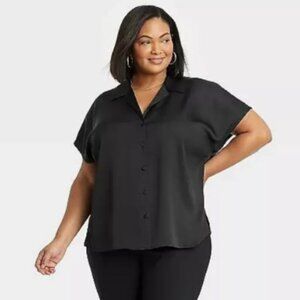 Ava & Viv Women's Satin Short Sleeve Button-Front Shirt Black Size 3X